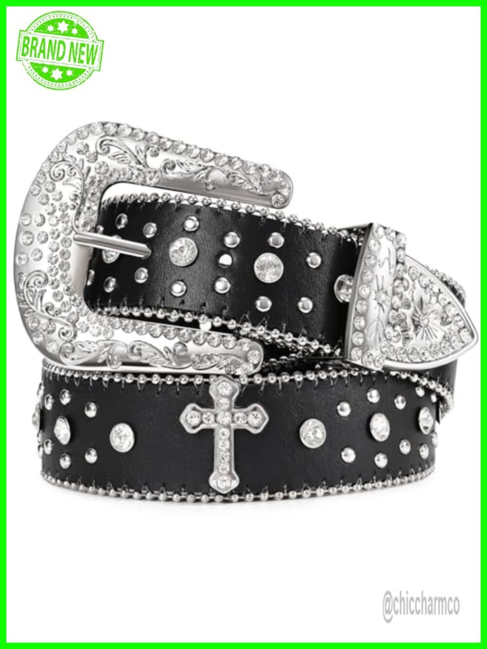 Rhinestone Studded Western PU Leather Belt Detachable Buckle Bling Dress Pants